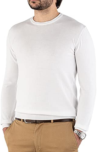 Cashmere Zone-Maglione Uomo Girocollo in Puro Cotone Egiziano Artigianalità Italiana e Confort a Manica Lunga (Bianco, 3XL)