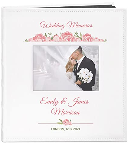 Maverton Photo Album for couples- White cover with a photo frame and a stylish print - 60 black pages to fill in - Up to 240 images in multiple size - Personalised wedding gift (Roses)