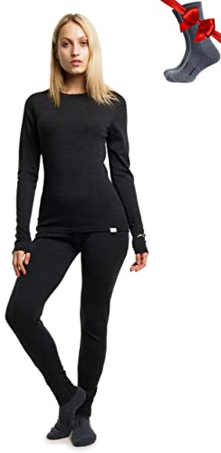Merino.tech 100% Merino Unterwäsche Damen Set Shirt & Hose + Wandersocken | Leicht/Midweight/Schwer Funktionsunterwäsche, Skiunterwäsche, Thermounterwäsche Set für Wandern, Ski, Outdoor, atmungsaktiv