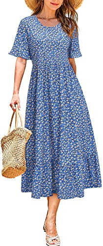 STYLEWORD Women Summer Dress Floral Short Sleeve Ladies Casual Swing Midi Dress with Pockets(Floral09,X-Large)