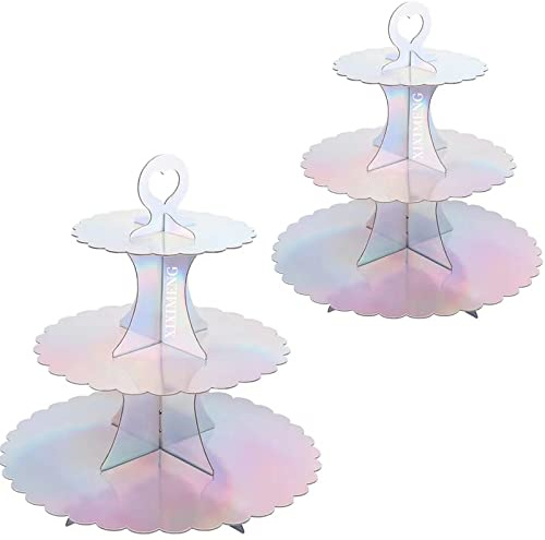 XIXIMENG Paquete de 2 soportes de cartón para cupcakes de 3 niveles con borde de encaje, soporte de cartón para cupcakes (A-plateado colorido)