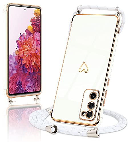 Micoden Handykette für Samsung Galaxy S20 FE 4G/S20 FE 5G Hülle mit Band | Necklace Handyhülle Kameraschutz Herz Love Design Slim Galvanik Silikon TPU Case Kordel zum Umhängen Schutzhülle, Weiß
