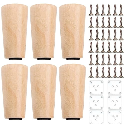 SINJEUN 6 PCS 10cm Wooden Furniture Legs, Wood Sofa Legs with Mounting Plate Screws and Anti-Slip Mats, Tapered Wood Legs Replacement Furniture Feet for Table, Sofa, Cabinet, Ottoman, Dresser