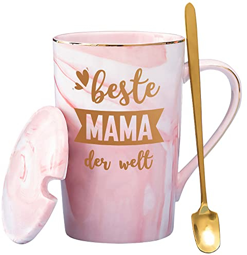 Mama Geschenk Tasse mit Spruch 'Beste Mama der Welt', Geschenke Geschenkideen für Mutter Geburtstagsgeschenk zu Weihnachten zum Muttertag Geburtstag, 400ml Rosa, mit Deckel Löffel, Geschenk-Box