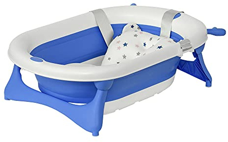 HOMCOM Vaschetta Bagnetto Pieghevole per Bambini 0-3 Anni con Indicatore di Temperatura e Cuscino, 81.5x50.5x23.5 cm, Blu