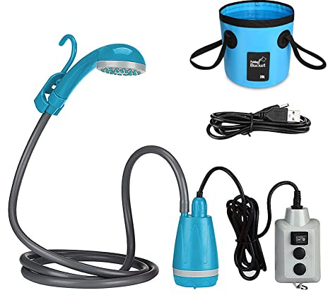 SPORTARC Tragbare Outdoor-Dusche, 12 V, USB, wiederaufladbar, für Wandern, Camping, Outdoor, Abenteuer, mit Eimer