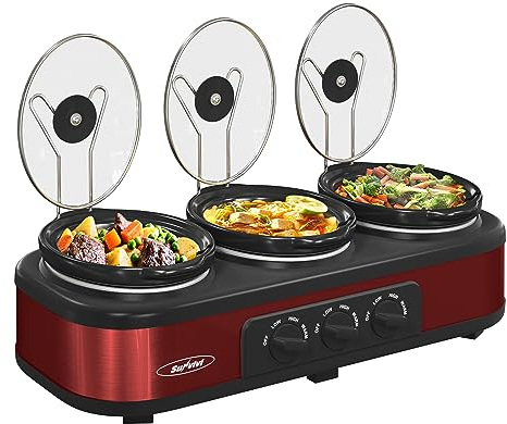 Sunvivi Servidores y calentador de bufé de triple olla de cocción lenta, 3 ollas, pequeña olla de cocción lenta manual con temperatura ajustable, reposapiés de tapa de acero inoxidable, olla de