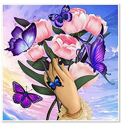 DCIDBEI 30 x 30 CM Diamond Painting Blumenstrauß für Erwachsene, Diamant Painting Bilder Schmetterling, Wanddekoration für Wohnzimmer und Schlafzimmer/Party Gefallen, Hand mit Blumen