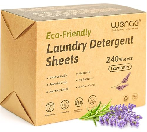 Wenge Waschmittelblätter, umweltfreundlich, Reise-Waschmittel, plastikfrei, hypoallergen, flüssigkeitsfrei, für Zuhause, Wohnheim, Reisen, Camping, Lavendelduft, 240 Blatt