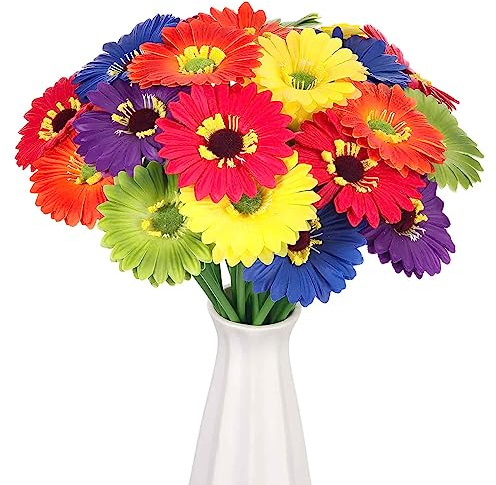 Zeyune Künstliche Gerbera-Gänseblümchen, 8,9 cm, afrikanische Gänseblümchen, künstliche Blumen mit 24 cm Stielen, mehrfarbig, künstliche Gerbera-Gänseblümchen für Zuhause, Hochzeit, Party, Küche,