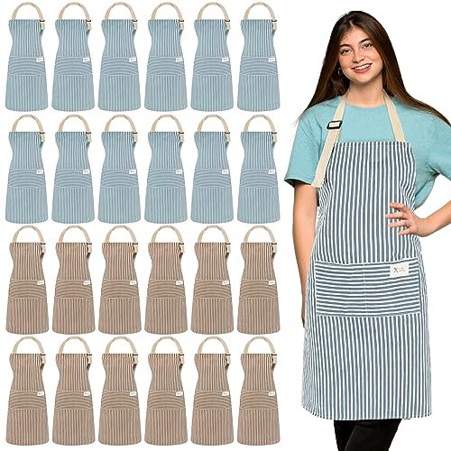 Janmercy 24 Stück Schürzen für Damen und Herren mit 2 Taschen, Leinen, Kochschürze, verstellbare Latzschürze, Kochschürze, Massenschürze, Unisex, Braun/Blau gestreift, Einheitsgröße