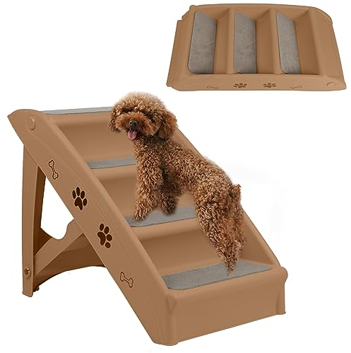 SUBTLETY Hundetreppe Klappbare Haustiertreppe aus Kunststoff mit 4 Rutschfesten Stufen Katzentreppe Treppen für Hunde Katze Tiertreppe für Bett Couch Auto Belastbarkeit bis zu 75kg (Braun)