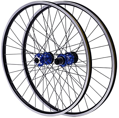 Set di ruote per mountain bike, 27,5 pollici, in lega di alluminio, cerchione, freno a disco MTB, sgancio rapido anteriore posteriore, ruote nere, per bicicletta, set di ruote (blu mozzi)