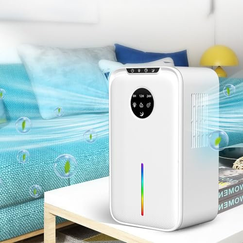 aallwwsso Deshumidificador pequeño de 1L/día con Pantalla LED, Temporizador, depósito de Agua de 2,5L y Manguera de desagüe, iluminación Ambiental de Colores, para casa/sótano/Oficina