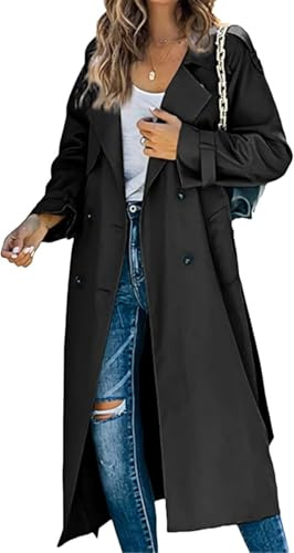 Women's Windproof Trench Coat Notched Lapel Double Breasted Long Overcoat Casual Fall Winter Windbreaker Outerwear (Black,Small)