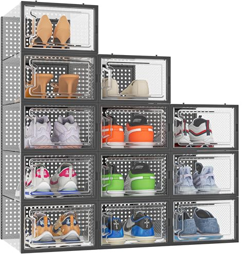 HOMIDEC Scatole per Scarpe,12 pcs Scatole Portascarpe in Plastica Trasparenti impilabili, Contenitori Portascarpe con Coperchi per donna/uomo,Nero