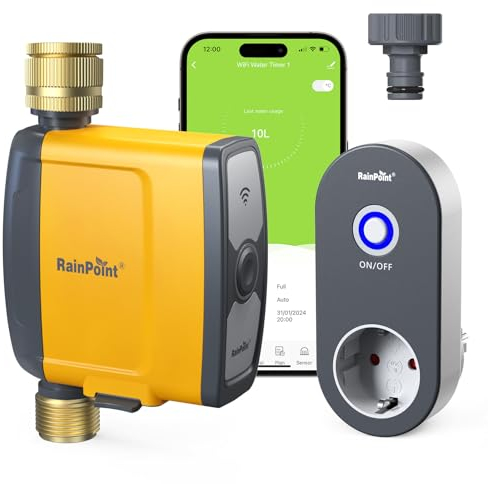 RAINPOINT Bewässerungscomputer WLAN, 2024 Neue Reines Messing-Wasserzulauf und -auslauf, Auslaufsicherer WiFi Bewässerungssystem mit App/Sprachsteuerung, Automatische Bewässerung für Rasen und Garten