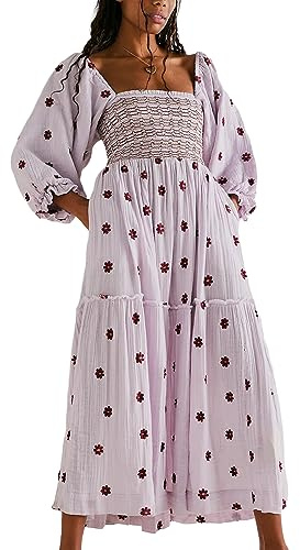 Qianderer Women's Flower Embroidered Maxi Dress Puff Sleeve Square Neck Swing Tiered Bohemian Flowy Dress Beach Long Dress
