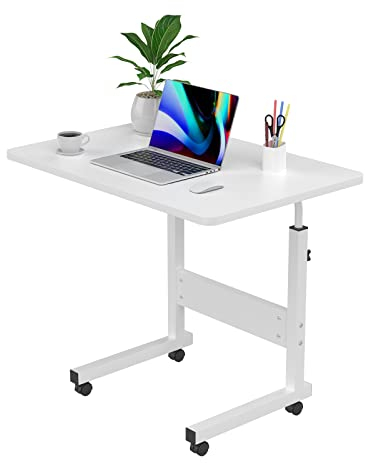 DHHOZAMZ 60x40cm Laptoptisch mit Rollen, Laptopständer Computertisch mit Rollen, Klapptisch Mobiler Beistelltisch Höhenverstellbarer 69-90cm, Schreibtisch PC Tisch für Zuhause und Büro, Weiß