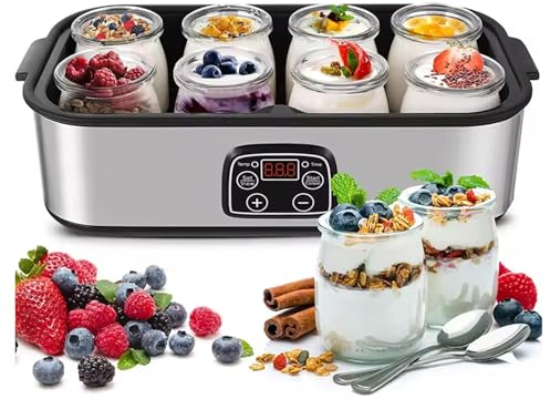 Yogurtera De Acero Inoxidable, Máquina Automática para Hacer Yogur con Control De Temperatura Constante Y 8 Vasos De Vidrio, Control De Temperatura Y Tiempo Ajustable, para Cocina Casera