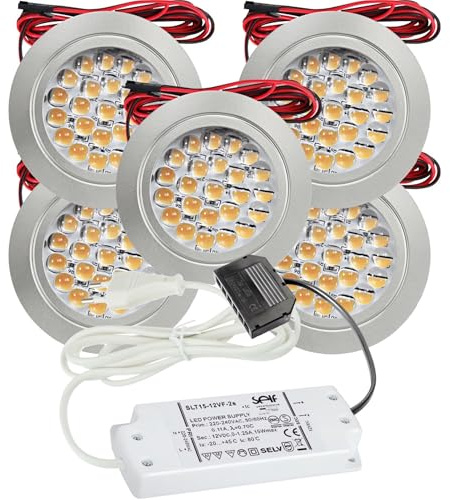 Lichtfaktor24 5er Set LED Möbel Einbaustrahler 12V ultra flach 2.4W Einbauleuchten Mira 190lm mit LED Trafo und 230V Zuleitung 4000k Neutralweiß Lochausschnitt: 58 bis 60mm Silber Plug and Play Spots