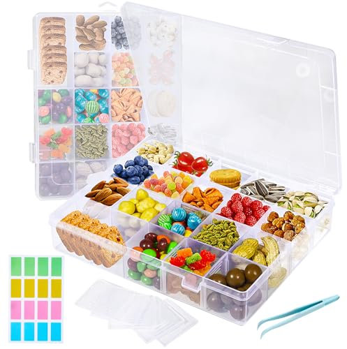 Mispudin 2Pcs Travel Snack Box with Compartments, Snack Tray for Plane with 20 Removable Grids & Tweezer, Multi Plastic Organiser for Snackle, Sweet, Craft, Kids Travel (20.5×16.5cm)