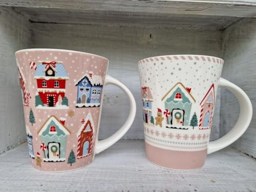 Arinosa Weihnachtstassen 2 er Set Pastell Häuschen Rosa Keramik 12x11x9cm 350ml