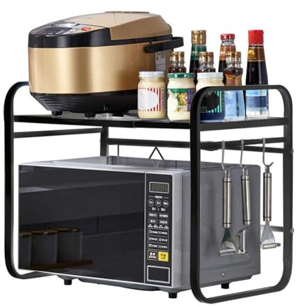 Microwave oven rack,Adjustable Metal Microwave Shelf with 3 Hooks Heavy Duty Oven Holder for Kitchen Counter Top Organization Extendable 40 64cm Microwave Stand for Bakers Condiments Storag