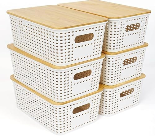 Mangata Set of 6 White Stackable Storage Baskets with Bamboo Lid, Small Decorative Plastic Boxes with Handle & Lable for Organizing, Ideal for Kitchen, Bathroom, Desktop & Shelves