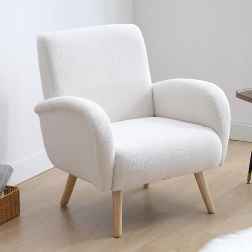 Ya-Home Sessel Wohnzimmer Loungesessel aus Kunstfell Polstersessel mit Holzbeinen, Clubsessel Sofa für Wohnzimmer/Schlafzimmer, Weiß