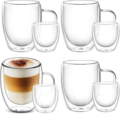 YIK TUNG Lot de 4 tasses à café à double paroi avec poignée, 350 ml, résistantes à la chaleur, pour boissons chaudes/froides, passent au lave-vaisselle, parfaites pour expresso, (8 tazas)