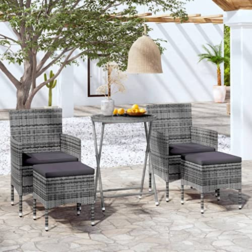 Fasba Garten Bistroset 5-TLG. Balkonset Gartenmöbel Sitzgruppe Balkonmöbel Sitzgarnitur Tisch Stühle Fußhocker Poly Rattan Hartglas Grau
