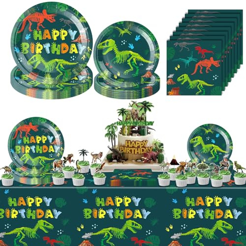 Dncvb Dino Geburtstag Deko Dinosaurier Partygeschirr Dino Geburtstagsdeko | Dino Kindergeburtstag Party Set mit Servietten, Pappteller, Tischdecke, Tortendeko für Geburtstagsdeko