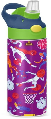 JUMBEAR Borraccia termica per bambini con coppa del campionato di basket, 350 ml, borraccia sportiva isolata con coperchio con cannuccia, in acciaio inox, per ragazzi e ragazze