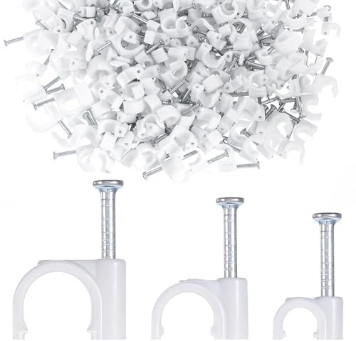 Bewudy Fascetta per cavi per unghie, 300 pezzi, colore bianco, supporto per cavi da parete, con chiodo integrato, fissaggio per cavi a parete (4 mm, 6 mm, 8 mm)