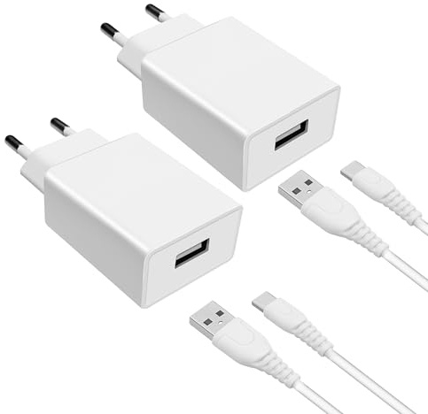 Cargador USB de 10 W con puerto USB-A, cargador de pared para iPhone, Samsung, Android, iPad, tablet, set de carga compacto de viaje y oficina en casa (2 unidades con cable)