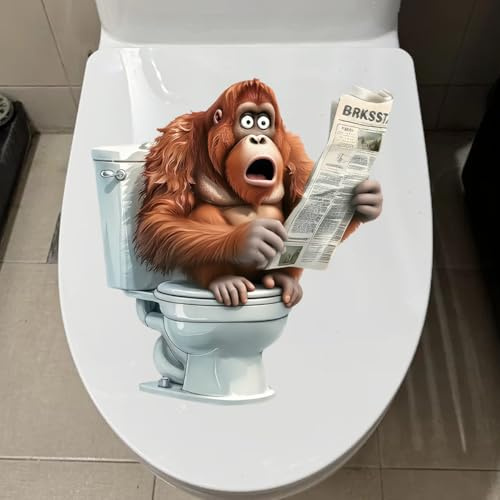 Iprokiu Autocollant amusant avec motif animal assis sur les toilettes, motif gorille grenouille, housse de siège de toilette, autocollant imperméable pour salle de bain (gorille surprise)