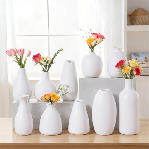 Set mit kleinen weißen Keramikvasen, Mini-Blumenvasen für Pampasblumen und Kräuter, Boho-Tischdekoration für Partys/Hochzeiten/DIY/Couchtischdekoration (10, weiß)