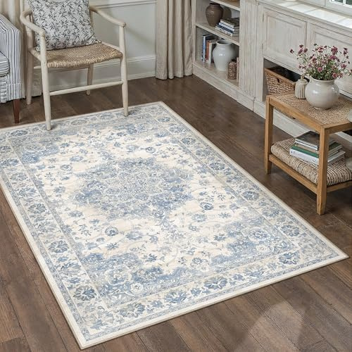 PureCozy Tappeto lavabile per soggiorno, 80 x 150 cm, stile vintage, tepich for Living Room, a pelo corto, antiscivolo, morbido, bohémien, retrò, blu, per cucine, camera da letto, sala da pranzo