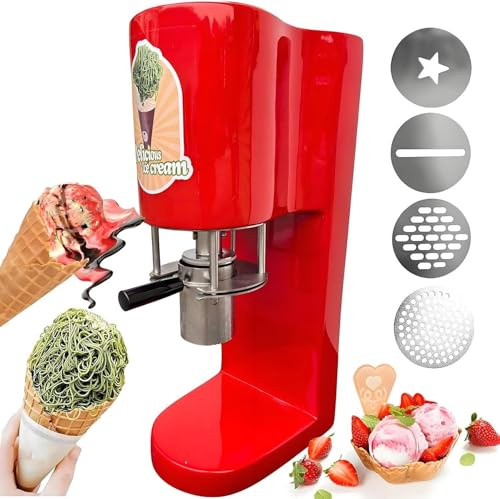 YEHOZZ Gelatiera Commerciale per Spaghetti, Macchina per Gelato Soft da 80 W, Tramoggia in Acciaio Inox da 0,42 L, 4 Stampi per Noodle, Estrusore Professionale per Noodle Red