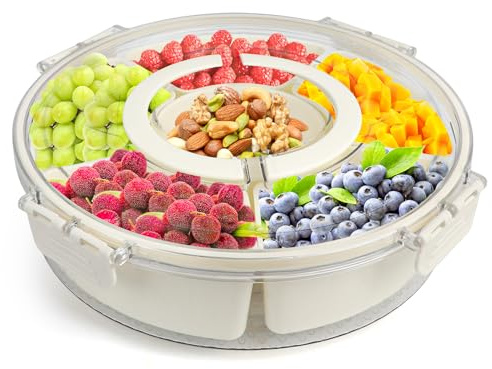 Runde Snackbox mit 6 Fächern, Transport Servierset mit Deckel, Snackteller aus PP, Snack Spinner, Snackschale mit Deckel und Griff, Snackdose Organizer für Süßigkeiten Obst Keksen Dessert Gemüse Nüsse
