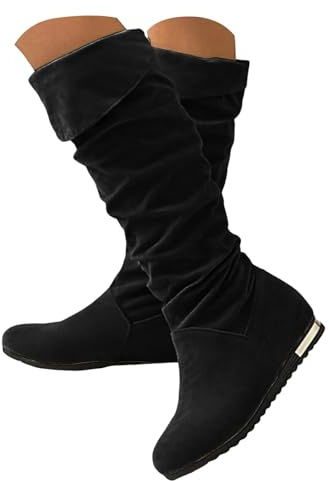 Knähöga stövlar, breda vadmocka slouchy slip-on dragkedja klänning höga stövlar mandeltå tjocka block låga klackar lång stövel ridning motorcykel cowgirl stövel skor höst vinter andningsbara halkfria