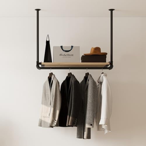 RSR Hangers Kleiderstange Garderobe MIK II Industrie Design für Decke Kiefernholzablage | Breite 100 cm x Höhe 50 cm | Deckengarderobe | Garderobenstange | Ankleidezimmer | Schlafzimmer | Flur