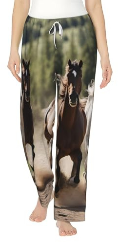 FMASWEQ Pyjama de Noël imprimé trois chevaux de course pour femme, pantalon de pyjama en polaire douce, parfait pour se détendre, Noir , S