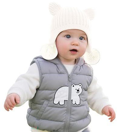 Generisch Berretto invernale per bambini, adorabile berretto a maglia con orecchie d'orso e doppio pompon, berretto invernale in lana caldo, bianco, S