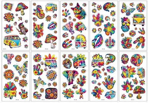 Gleemix Hippie Tattoo Set, 10 Blatt Flower Power Tattoos Temporär, Hippie Accessoires mit PeaceVibe Motiv, Bunte Love, Peace Symbole, Blumen Tattoo für Hippie-Partys, Geburtstage, Karneval (Hippie-B)