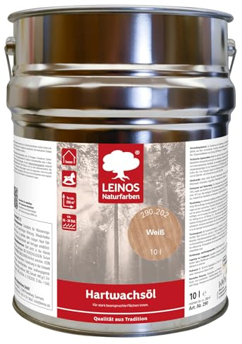 LEINOS Hartwachsöl 10,0 l Weiß – natürliches, ergiebiges Holzöl für Fußböden, Möbel und Treppen | seidenmatt, pflegend, für alle Innenholzflächen geeignet, schützt vor Feuchtigkeit und Abnutzung
