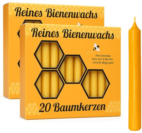 Figura Santa® 40er Set Baumkerzen 100% Bienenwachs-Kerzen als Christbaumkerzen, Adventskerzen, Weihnachtskerzen, Geburtstagskerzen oder Pyramidenkerzen | Brenndauer 2 Stunden