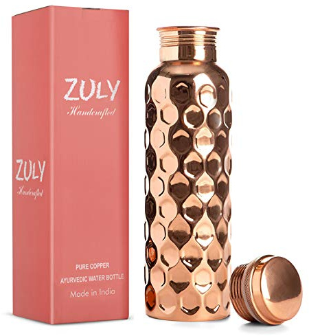 Handmade Diamond Engraved Water Bottle 100% Pure Copper 34oz 1 Liter Extra Large Ayurvedic Drinking Water Bottle for Drinking Water Travel Yoga Ayurveda Health Leakproof Container Design