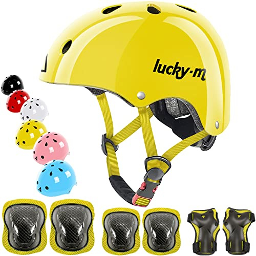 Set med barnhjälm och skydd för småbarn och ungdomar, cykelhjälm med knäskydd, armbågsskydd och handledsskydd för skateboard, cykel, BMX, hoverboard, skoter och rullskridskor (3–8 år, klargul)